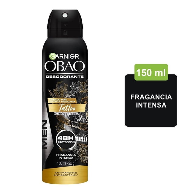 Desodorante Garnier Obao for Men tattoo intense rebel en aerosol para caballero 150 ml