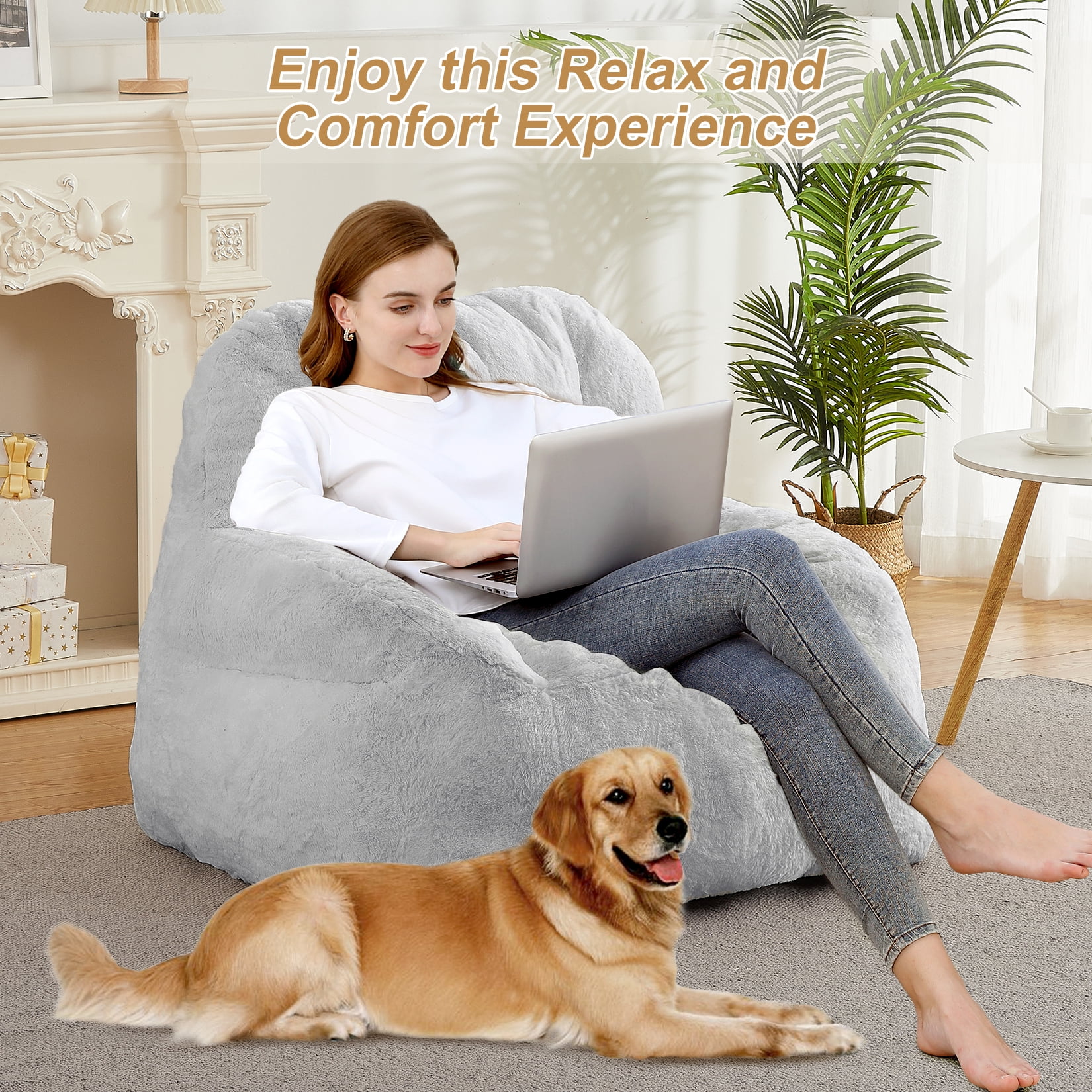 Sofá Puff Amplio y Cómodo para Adultos y Adolescentes – Silla de Suelo Tapizada en Felpa, Perfecta para Salón o Dormitorio – Alas Práctica – Relleno Suave – Gris Claro, 102×86×84cm