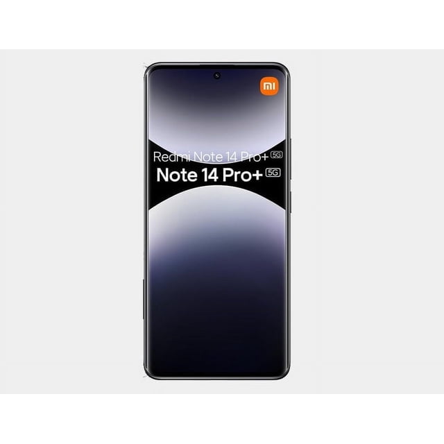 xiaomi redmi note 14 pro plus 5g 512gb rom 12gb ram dual sim gsm unlocked - midnight black vista frontal centrada del smartphone con pantalla de 6.67 pulgadas, marcos delgados y cámara frontal en orificio; fondo degradado oscuro y logo naranja mi en la esquina superior derecha, marco lateral metálico y bordes curvos visibles; suitable para búsquedas de celular desbloqueado, 200MP y pantalla 120Hz.