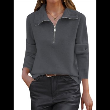 Suéter de Otoño para Mujer, de Larga, con Cremallera de 1/4, Sudadera Holgada de Punto Acanalado con Abertura. Gris S