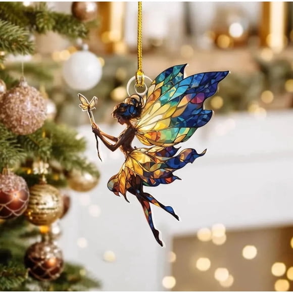 MTBLYS Adorno navideño de vidrieras de hadas | Colgante de árbol de Navidad caprichoso | Adorno colgante de ángel mágico con varita | Adorno navideño con detallado patrón geométrico