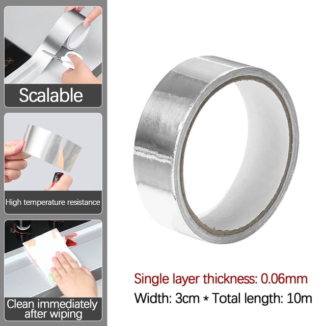 aparatos de cocina, accesorios de cocina, utensilios de cocina, herramientas de cocina, cinta de aluminio, sellador grueso, adhesivo para fregadero de cocina, cinta adhesiva para suministros de cocina rollo de cinta de aluminio plateada 3 cm x 10 m, vista 3/4 frontal mostrando brillo metálico y borde de cartón interior; grosor de capa única 0.06 mm según especificación. Primeros planos muestran corte a medida y resistencia a altas temperaturas; usada para sellar juntas de estufa, fregadero, lavabo y bañera; adecuada para recortar según necesidad y para reparos de sellado temporales en el hogar.