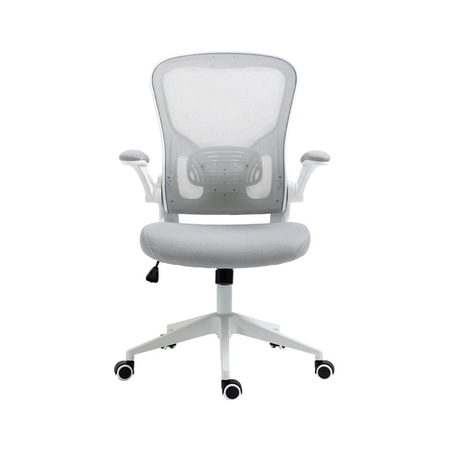 silla de escritorio mundo in vest ejecutiva ergonomica mesh gris, vista frontal centrada con respaldo alto en malla ventilada gris y soporte lumbar visible, asiento en mesh gris, brazos de polipropileno blancos, pistón de 100mm y base de nylon blanca con ruedas; soporte ergonómico y reclinado adaptable, adecuada para estaciones de trabajo en casa u oficina.