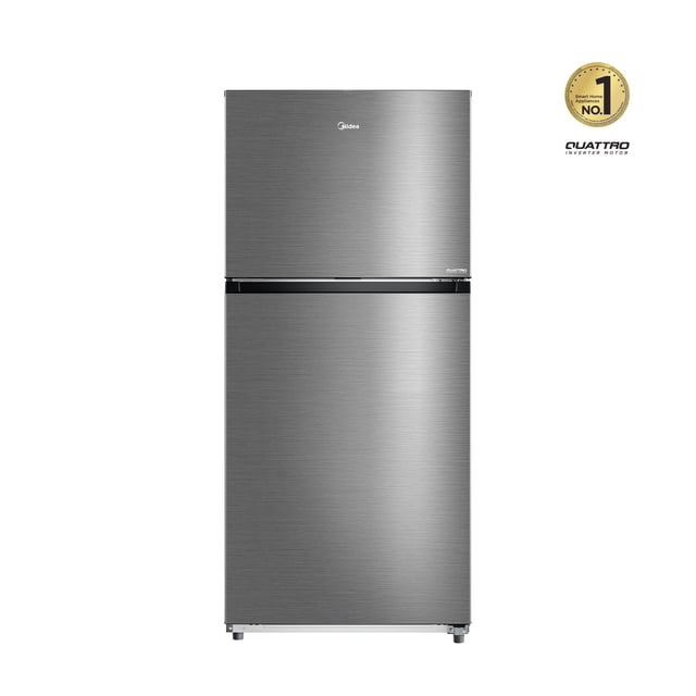 refrigerador top mount inverter quattro bru steel 20 pies frontal con acabado acero bru cepillado, congelador superior y refrigerador inferior, tirador integrado y logo Midea; incluye Deli Box y opción Mega Ice Box (Ice Maker kit) según especificaciones, control electrónico visible en el borde; adecuado también para enfriar y almacenar bebidas en reuniones.