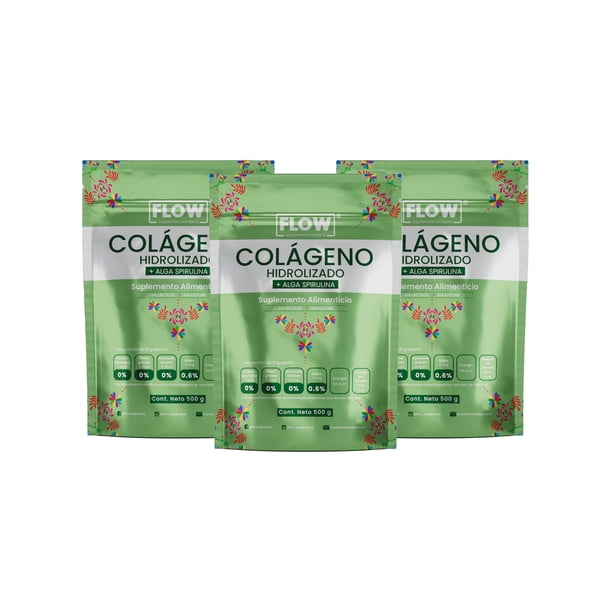 Suplemento FLOW - 3 PACK de Colágeno Hidrolizado con Alga Espirulina de 500 gr (1.5 kg total)