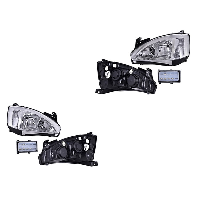 par de faros corsa 2003 a 2007 chevrolet fdo crom 5 pines DEPO con fondo cromado, conjunto izquierdo y derecho mostrado frontal y posterior, conectores visibles de 5 pines y carcasa de montaje negra; apto para versión 5 puertas.