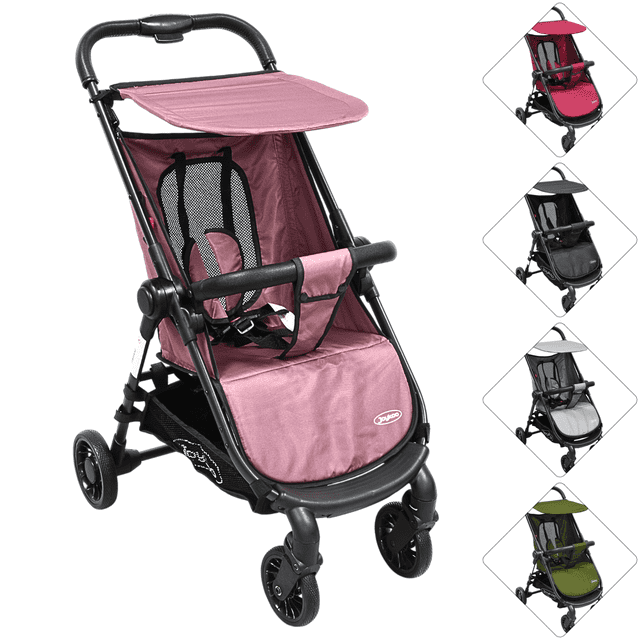 carriola para bebé ligera plegable ruedas de goma cinturón 5 puntos toldo apta desde 12 meses hasta 16 kg - rosa vista 3/4 frontal con estructura ligera rosa y toldo plegable, asiento con respaldo de malla y cinturón de 5 puntos, posa brazos acolchado, ruedas de goma delanteras 360° y traseras con freno, amplia cesta portaobjetos y plegado con una sola mano; también suele usarse para transportar pañaleras o artículos de paseo.