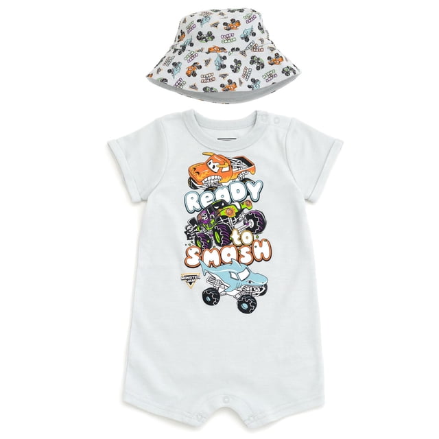 Conjunto para Bebés Niños Monster Jam: Mameluco y Sombrero Tipo Bucket Gris 24 Meses