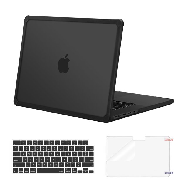 funda mosiso compatible con macbook pro de 14 pulgadas, negra — vista trasera 3/4 de un MacBook Pro con carcasa TPU negra translúcida que protege esquinas y bordes; incluye funda de teclado de silicona negra y protector de pantalla transparente; compatible con modelos A3112 A3185 A3401 A2918 A2992 A2779 A2442.