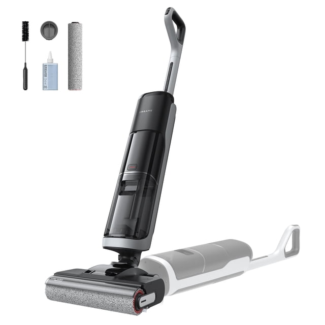 aspirador wet dry dreame h14 180° lie-flat inalámbrico Aspiradora Dreame H14 color negro, vista 3/4 con cabezal apoyado plano a 180°, depósito translúcido, rodillo de cepillo texturizado y mango ergonómico; lavado con cepillo a 140 °F y secado rápido en 5 minutos, succión potente para suciedad húmeda y seca, a menudo usado para mantenimiento rápido de pisos duros.