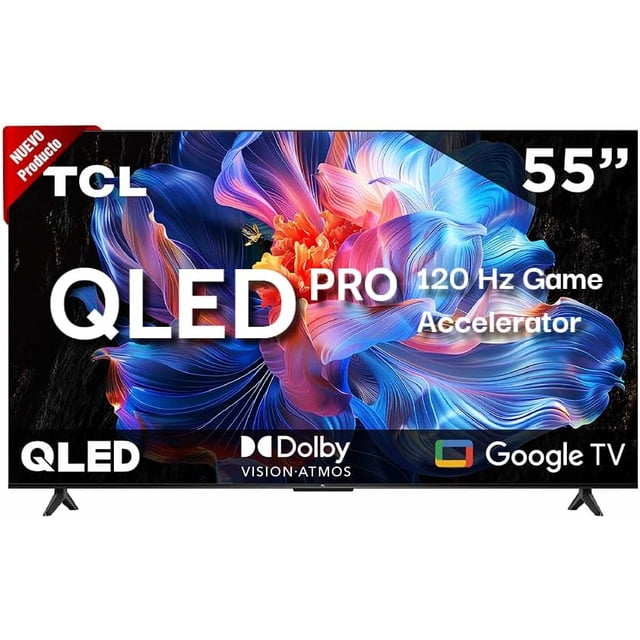 televisor mod. 55q5k 4k smart qled google tv Televisor QLED 55" negro, vista frontal sin bordes con gráfico floral colorido en pantalla; chasis ultradelgado sobre patas negras y logos de Google TV y Dolby visibles. 4K HDR, 120 Hz y modo juego automático; compatible con Hey Google, Alexa, AirPlay y HomeKit; sonido Dolby Atmos y DTS HD.