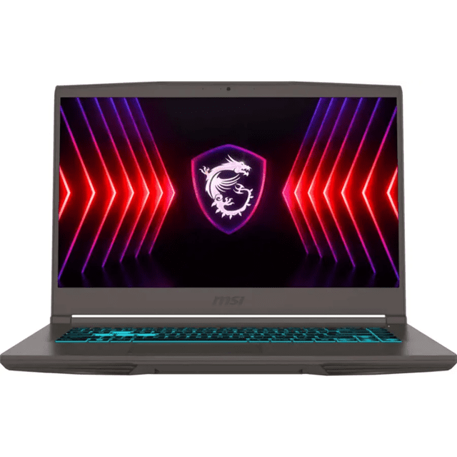laptop gamer msi thin a15 15.6" fhd 144hz amd ryzen 5-7535hs 8gb ram 512gb ssd nvidia geforce rtx 4050 6gb windows 11 teclado retroiluminado black - Vista frontal centrada de la laptop negra 15.6" FHD con gráficos RGB y logotipo MSI en pantalla; carcasa delgada, biseles reducidos y teclado retroiluminado visible; apta también como estación portátil para creación de contenido ligera.