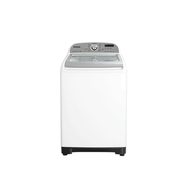 lavadora winia dwf-dg1b386csw1 Lavadora automática de carga superior 19 kg color blanco, vista frontal centrada con tapa de cristal templado y panel superior plateado con perilla y pantalla digital; depósito SIZE UP visible y base negra. Tecnología AIR BUBBLE 4D con aeroburbujas, 9 programas automáticos más ciclo ARIEL, lavado silencioso, filtro atrapa pelusa y cascadas Dynamic Waterfall; adecuada para lavanderías domésticas de alto volumen.
