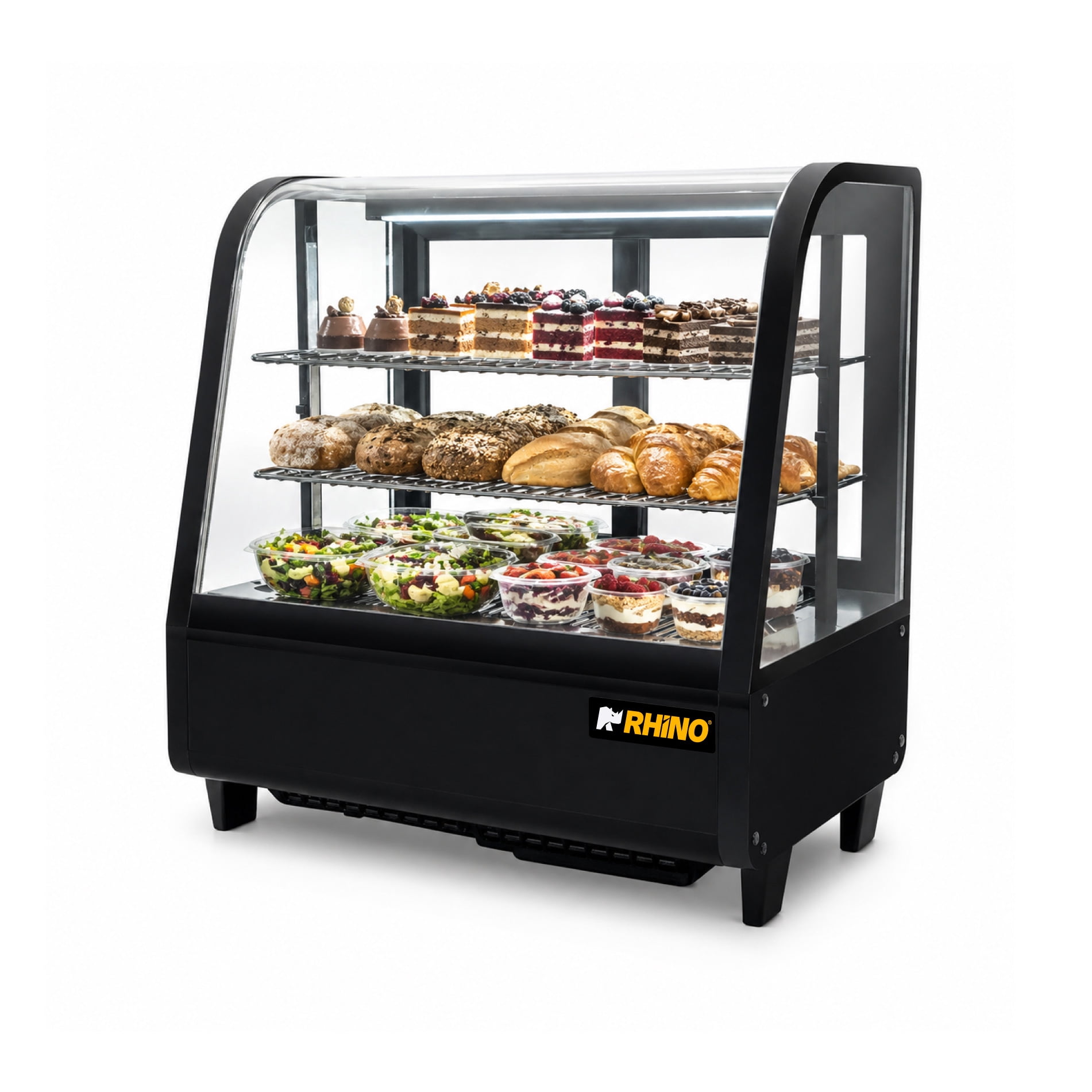 Vitrina Refrigerada de Mostrador Rhino, 76 L, Iluminación LED, Control de Temperatura 0–10 °C, Puertas de Vidrio, 2 Parrillas Ajustables, Refrigerante R290, Uso Comercial, VIREMO-100
