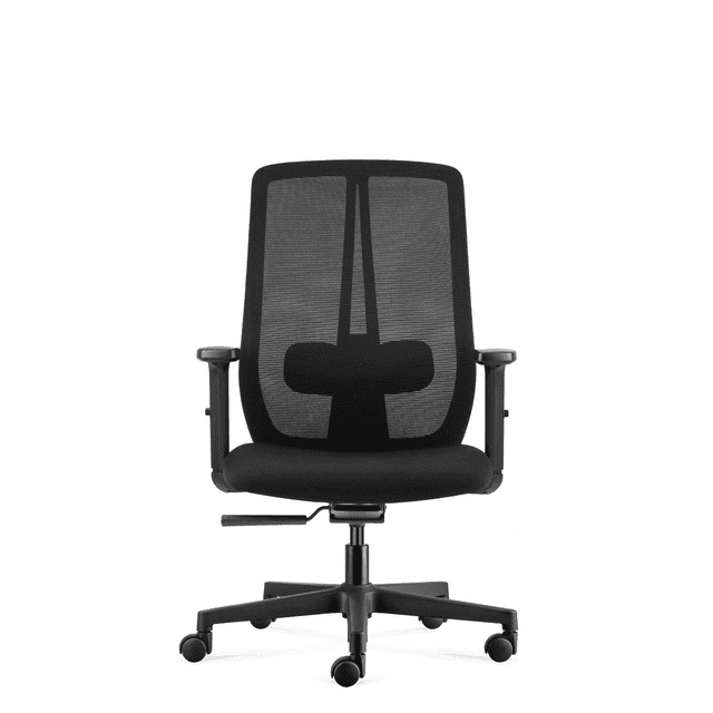 silla oficina operativa one negro frontal, respaldo de malla transpirable con soporte lumbar ajustable en altura, asiento acolchado en tela negra (cutting foam 40kg/m3), apoyabrazos ajustables, mecanismo sincrónico con palanca y base de nylon reforzado con ruedas, ideal para uso ergonómico en home office.