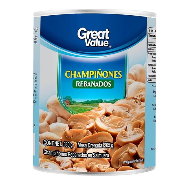 champiñones great value rebanados en salmuera 380 g Lata frontal con etiqueta azul Great Value y texto "CHAMPIÑONES REBANADOS", fotografía de champiñones rebanados en primer plano y leyendas de contenido neto 380 g y masa drenada 205 g. En salmuera; aptos para añadir a guisos o ensaladas como complemento de recetas familiares.