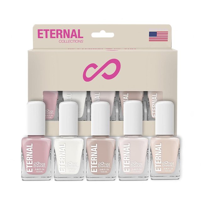 set de 5 esmaltes para uñas nude 13.5 ml classic me Caja frontal con cinco frascos rectangulares alineados; tonos nude translúcidos (rosa suave, blanco, marrón claro, rosa pálido y beige), tapas blancas y logo Eternal en las botellas, acabado brillante y secado rápido; ideal para manicura diaria o como set de regalo.