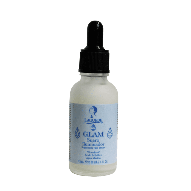 suero facial iluminador laguede controla la grasa en frasco gotero de vidrio con etiqueta azul y tapa negra; suero iluminador para pieles sensibles y con rosácea, anti-edad, hidratante y humectante, 30 ml. A menudo usado como paso ligero antes del maquillaje por su textura líquida.