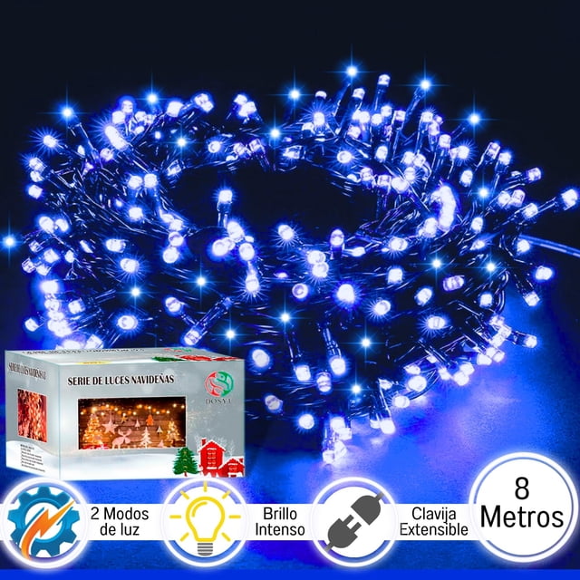 luces navideñas dosyu 8 metros 500 leds azul Serie de luces navideñas DOSYU azul, 8 metros con 500 LEDs, enrolladas en vista frontal mostrando cable oscuro y micro LEDs azules encendidos con efecto estelar; caja del producto y símbolos que indican 2 modos de luz, brillo intenso y clavija extensible. Adecuadas para decorar cortinas, árboles, fachadas y eventos; su flexibilidad permite unir series para mayor cobertura.