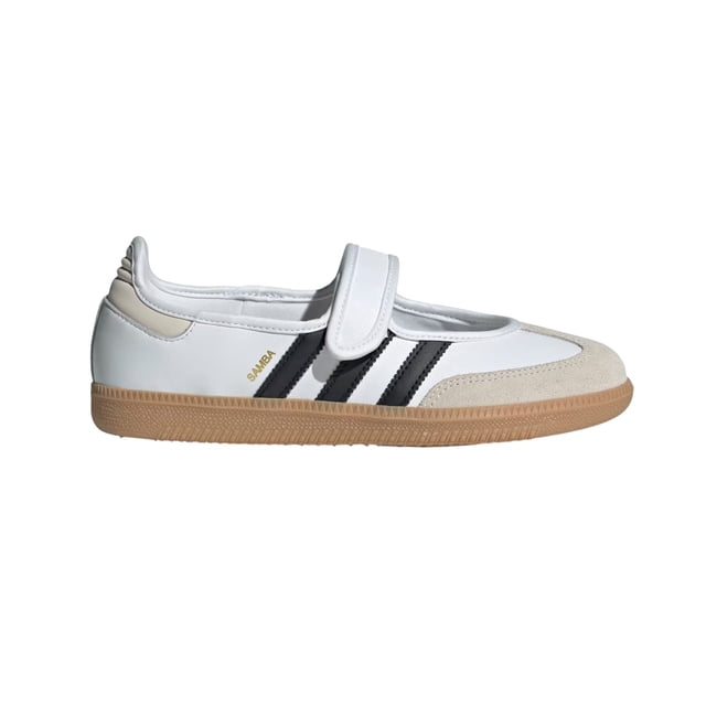 tenis zapatillas para dama adidas samba jane white zapatilla blanca con tres franjas negras y correa de velcro superior, puntera y talón en gamuza beige, suela de goma color caramelo y sello 'SAMBA' dorado; vista lateral derecha sobre fondo neutro, también aptas para uso casual y descanso.