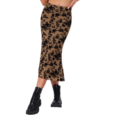 Falda Floral INSPIRE CHIC para Mujer, Falda Midi Elegante de Malla con Cola de Pez, Cintura Alta Elástica, Otoño Invierno, Color Marrón