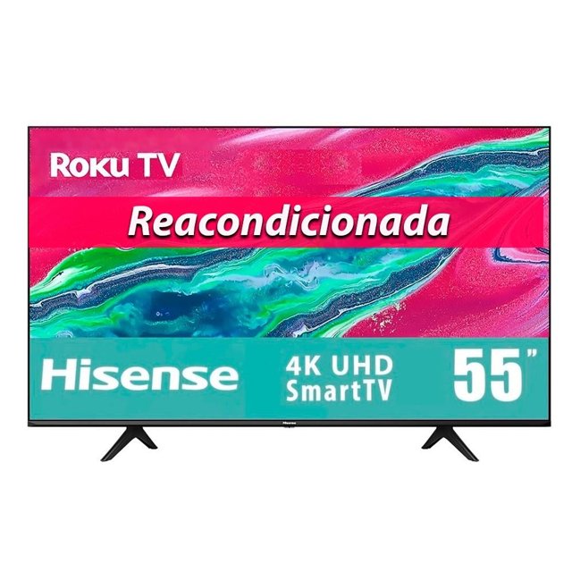 tv hisense 55 pulgadas 4k ultra hd smart tv led 55r6095g5 reacondicionada Reacondicionada televisor Hisense 55" 4K UHD Roku TV con marco negro delgado y patas en V; pantalla LED muestra gráfico colorido; indica Roku integrado, HDR y Dolby Vision, ajuste automático de brillo y control por app Roku. Adecuado para sala o recámara y frecuentemente usado para streaming privado desde celular.