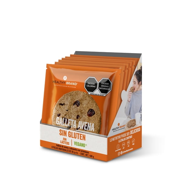 galleta de avena y arándano veganas( display con 8 pz 50g c/u) Caja display 3/4 con ocho paquetes naranja mostrando una galleta redonda con arándanos visibles; empaque indica sin gluten, vegana, sin lácteos y kosher, marca Healthy Brand; adecuada para loncheras o snacks de viaje.