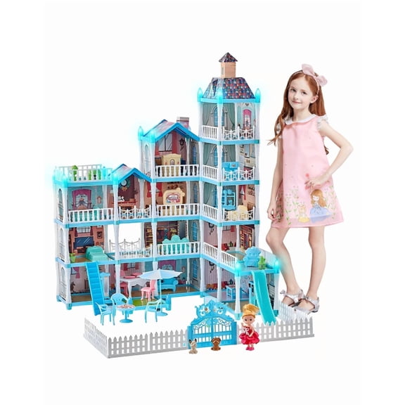 Xtellar Casa De Muñecas Bricolaje Castillo De Juguete Con Luces Celeste