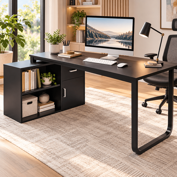 Zocalo Escritorio de Oficina para Computadora, Esquinero Reversible con Gabinete, 120 x 50 x 73.5 cm, Negro