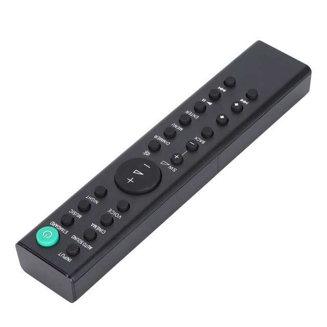 control remoto de audio, control remoto portátil resistente al desgaste para ht-s20r mando remoto negro en vista oblicua con carcasa ABS y serigrafía blanca; pad direccional circular y botones de volumen, reproducción y menú visibles, botón de encendido verde, compatible con barra de sonido HT-S20R, alcance aprox. 10 m, funciona con 3 pilas AAA (no incluidas); tamaño portátil, fácil de agarrar y suele usarse también para controlar fuentes de audio externas compatibles durante viajes.