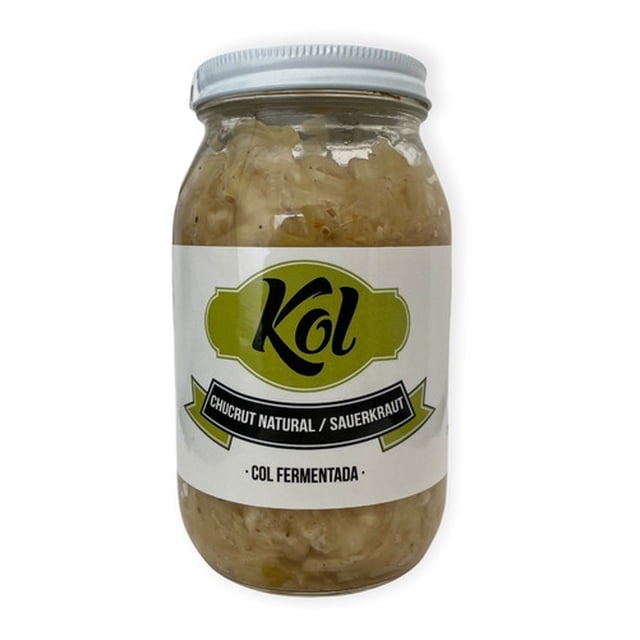 chucrut natural kol fermentada 415g original frasco de vidrio frontal con tapa metálica, repollo fermentado en salmuera visible, etiqueta blanca y verde con logo Kol y texto "Chucrut Natural / Sauerkraut" y "Col Fermentada" (415 g); probiótico ideal para acompañar carnes y ensaladas.
