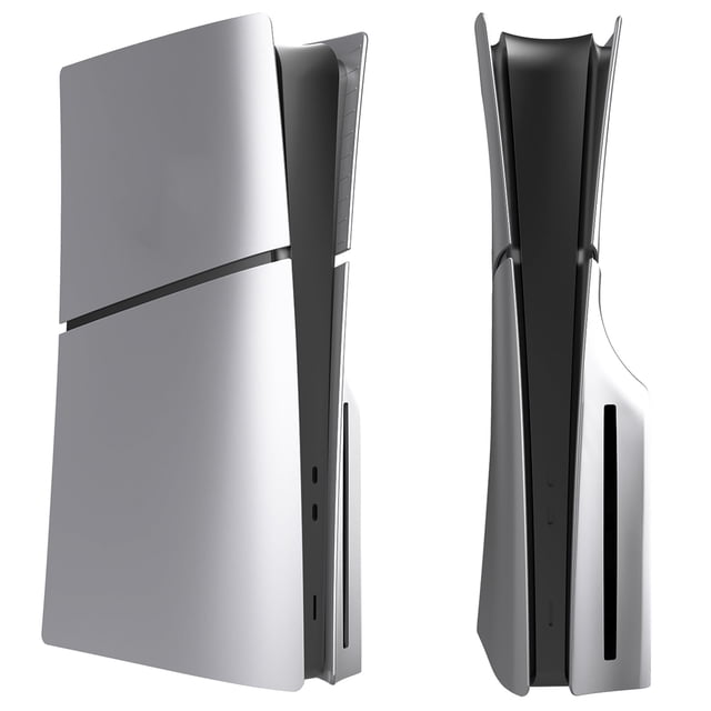 carcasa de panel de repuesto para consola de videojuegos ps5 slim disc edition reemplazo de placa frontal ABS compatible con PS5 Slim Disc Edition, vista centrada y 3/4 mostrando las placas laterales y la ranura del lector, acabado liso mate, ajuste preciso 1:1 y montaje sin herramientas, disponible en varios colores para personalizar la consola; a menudo usada para renovar la estética sin modificar la funcionalidad.