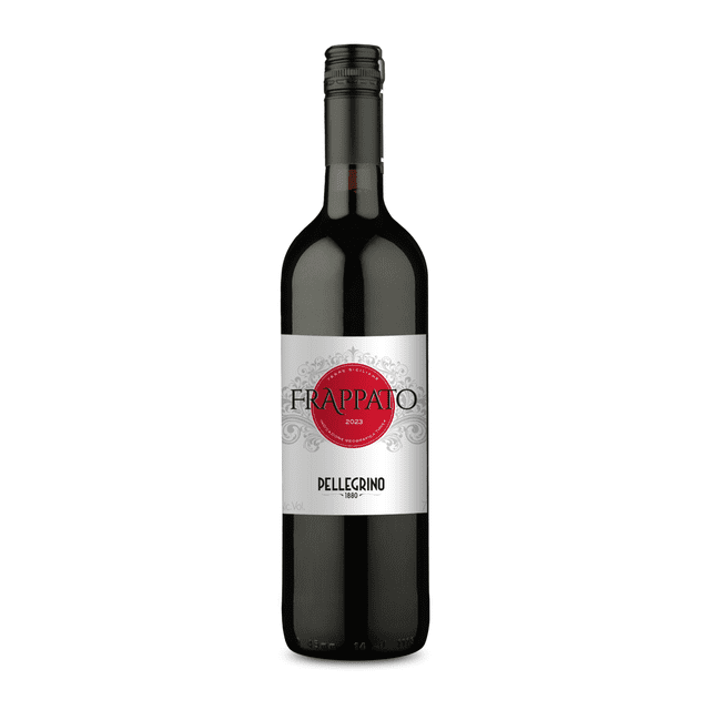 vino tinto italiano wine.mx pellegrino terre siciliane frappato botella frontal con etiqueta blanca y sello rojo, vidrio oscuro y cuerpo alto; I.G.T. Terre Siciliane, aromas a cereza, fresa, notas picantes y tabaco; marida con stroganoff de pollo o atún con costra de sésamo.