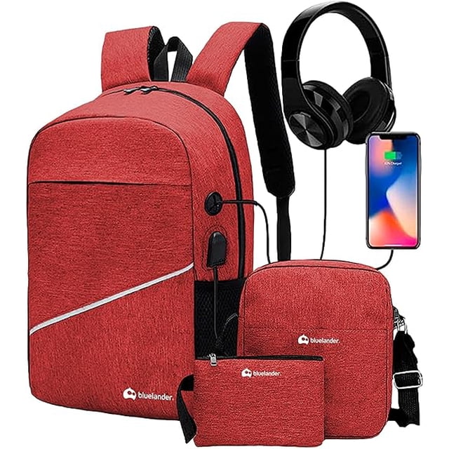 mochila antirrobo bluelander 3 piezas con puerto usb y puerto para audífonos rojo, vista frontal centrada de mochila cruzada roja con correas acolchadas, puerto USB y conector para audífonos en costado; incluye lapicera 11 x 18 cm y bolso pequeño a juego; medidas mochila cruzada 24 x 21 cm; logos BLUELANDER visibles; diseño ergonómico y con seguro de código según especificaciones; adecuada para llevar laptop y accesorios.