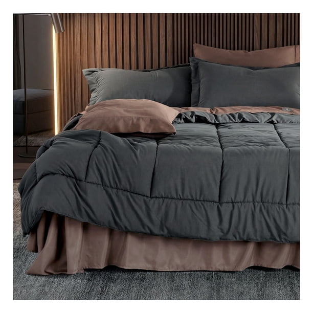 Set Edredón King Size Xl + Funda De Almohada + Sábanas 7 Pzas Real Textil Grafito - Café Claro