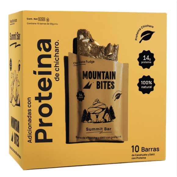 Barra con Proteina Mountain Bites Chocolate, 10 pzas de 55g C/u