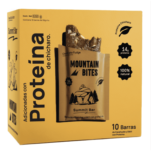 Barra con Proteina Mountain Bites Chocolate, 10 pzas de 55g C/u