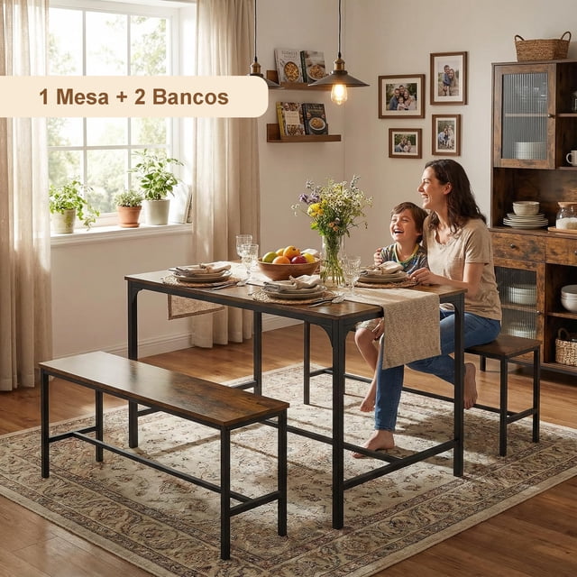 mesas de comedor con 2 bancos para 4 a 6 personas comedor 2 en 1 mesa de cocina moderno marron conjunto marrón con tablero MDF de vetas visibles y barras de acero negras; vista 3/4 frontal con mesa rectangular y dos bancos paralelos, dimensiones mesa 110x70x75.5 cm, superficie resistente a salpicaduras, ambientado en comedor con alfombra y ventana. Adecuado para 4–6 personas y también para usar como mesa de estudio o rincón de desayuno.