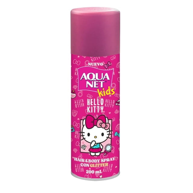 hair & body spray aqua net hello kitty con gliter kids 200 ml rosa, vista frontal centrada del envase cilíndrico con tapa rosa y etiqueta fucsia con logotipo Aqua Net kids e ilustración Hello Kitty; spray corporal y capilar de uso diario que deja sutiles destellos rosas y dorados según especificaciones; popular como accesorio de brillo para peinados infantiles.