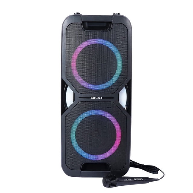 bocina bluetooth microfono funcion karaoke y luz led 600 w awpok6l Bocina AIWA 600W vertical con doble parlante frontal y anillos de luz LED multicolor, micrófono con cable de 1.62 m junto al equipo, conectividad Bluetooth, entrada mic/aux, radio FM y controles superiores. Apta para exteriores, función Karaoke y TWS para emparejar dos bocinas; suele usarse para ambientar fiestas y eventos pequeños.