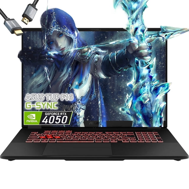 asus tuf f16 gaming laptop rtx 4050 -intel core 5 210h beat amd ryzen7 7435hs -16" fhd+ 144hz- 32gb ram-1tb ssd-rgb teclado retroiluminado-laptop para gamer pc vista frontal centrada de portátil gamer negro con pantalla FHD+ de 16" mostrando arte de fantasía, teclado chiclet con retroiluminación RGB (zona única) en rojo, trackpad centrado y bisel inferior delgado; en pantalla se muestran sellos G-SYNC y GeForce RTX 4050; especificado con 32GB DDR5 RAM y 1TB SSD según ficha técnica; a menudo usado también como estación portátil de edición por su pantalla 144Hz.