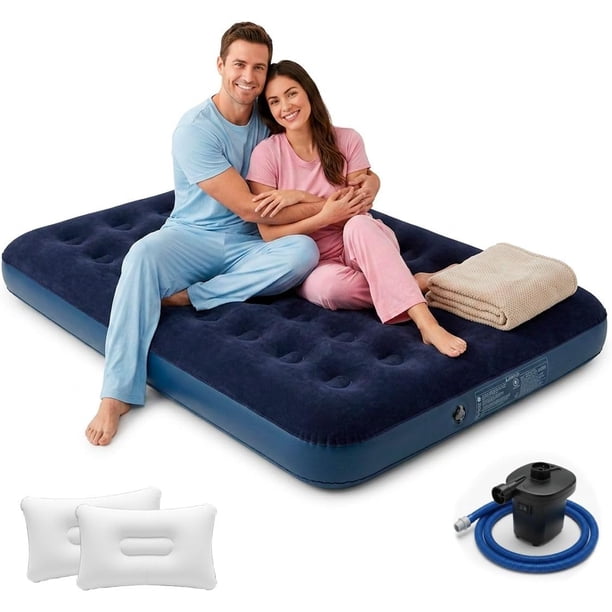 Colchón Inflable con 2 Almohadas Y Bomba De Aire Externa Ergonomico 191x137x22cm Cama De Aire Doble para Camping Inflable Duradero Resistente (Azul)
