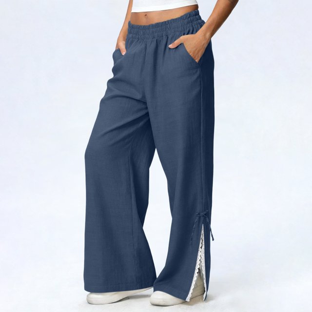 TaTaai olid Color Cotton Linen Women Casual Pants Wide Leg Breathable Machine Washable No Fading Lightweight Non See-through Daily Wear Full Length Trousers Gift