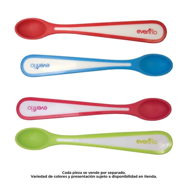 set de cucharas evenflo flexibles varios colores 2 pzas Paquete con dos cucharas infantiles flexibles y suaves para +6 meses; mango largo y ergonómico para fácil sujeción, cazoleta ovalada y acabado plástico multicolor (presentación azul/rojo y verde/rojo) con logo Evenflo impreso, libres de BPA; aptas para primeras comidas y para que el bebé practique comer solo.