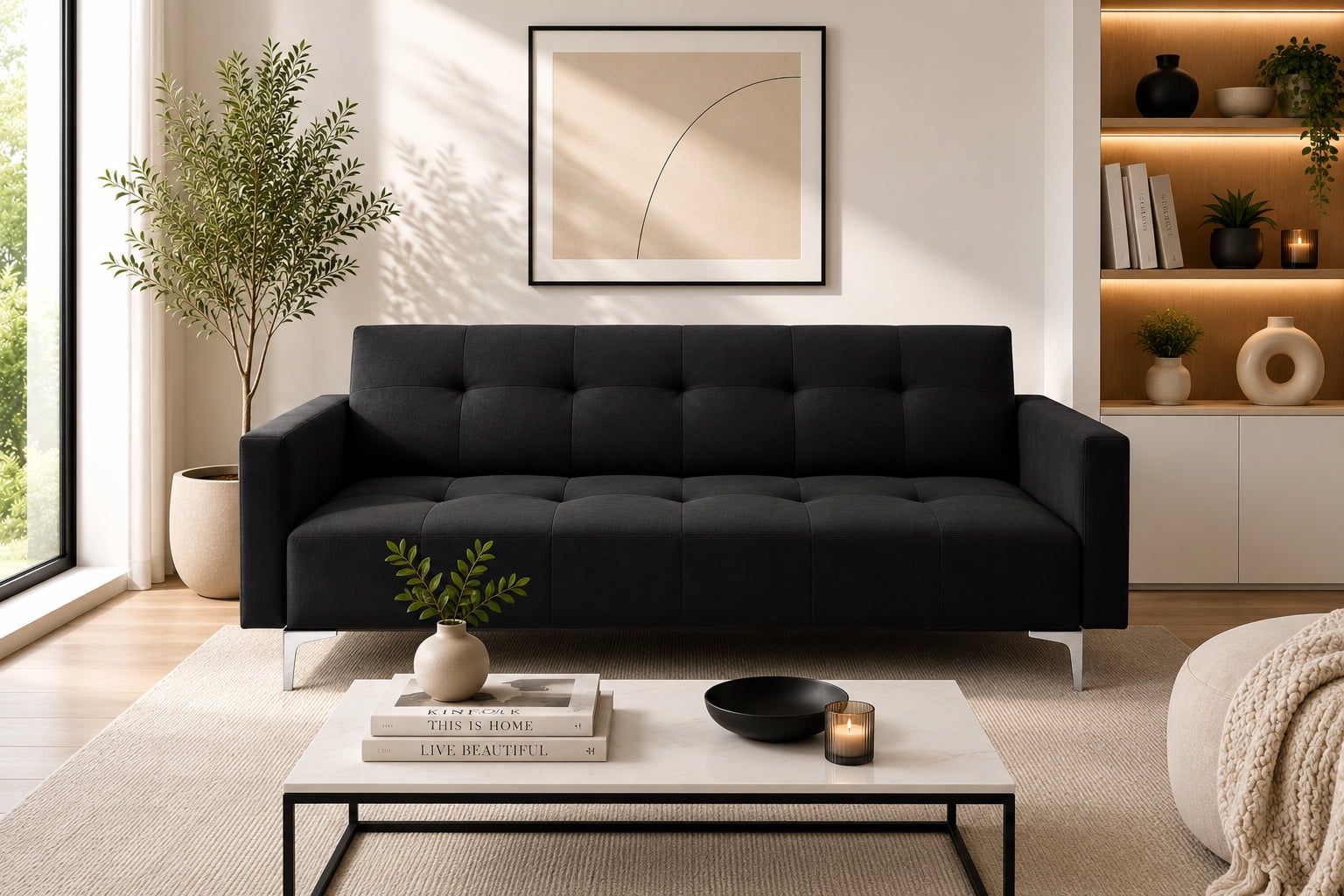 Sofá Cama Reclinable Paris Lino Negro, Brazos separados, Futon 3 Posiciones EL BAZAR STORE Moderno abotonado