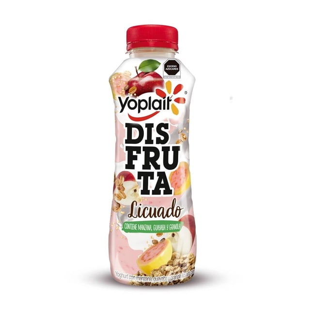 yoghurt bebible yoplait disfruta manzana guayaba y granola 307 g botella frontal centrada con etiqueta blanca y logo Yoplait, texto 'DISFRUTA Licuado', ilustraciones de manzana y guayaba y copos de granola visibles en la base, tapa roja; bebida lista para desayuno o snack portable.