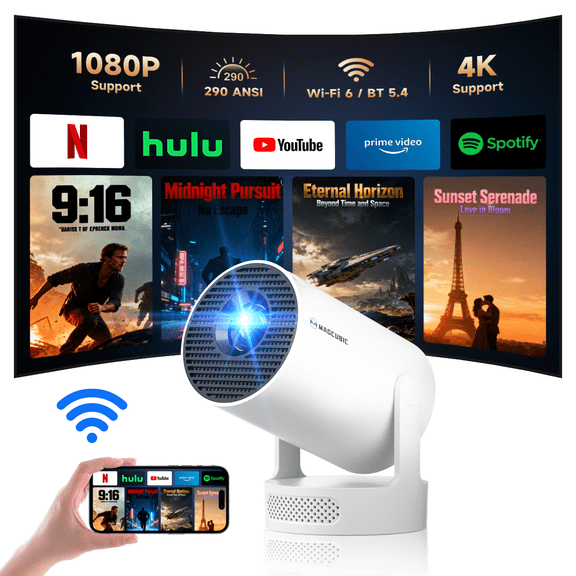 Magcubic Proyector, Soporte 4K 1080P con Altavoz de Base de Sonido de 5w, Miniproyector con WiFi y Bluetooth, Portátil para Películas Domésticas y Exteriores HY300Pro+
