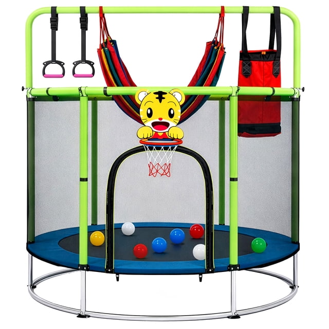 trampolin para niños brincolin infantil little monkey 142cm multijuego con proteccion acero reforzado: vista frontal centrada de trampolín Little Monkey verde lima con cama elástica azul de 110 cm, red protectora de polietileno, estructura de acero y postes con espuma; incluye anillas de gimnasia, hamaca multicolor, costal de boxeo rojo, canasta de básquetbol con tablero de tigre y pelotas de plástico sobre la cama; lona cubre resortes alrededor de la circunferencia. También suele usarse como espacio de juego sensorial supervisado para actividades motoras.