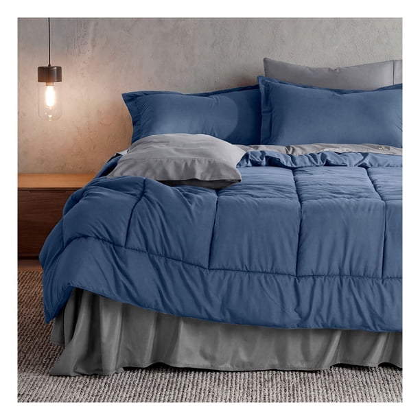 Set Edredón King Size + Funda De Almohada + Sábanas 7 Pzas Real Textil Azul - Gris