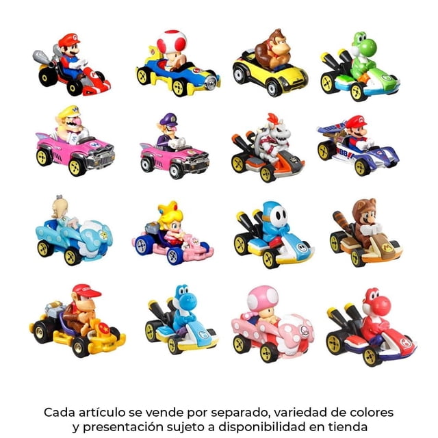 vehículo de juguete hot wheels mario kart replica personajes 1:64 varios modelos 1 pza collage frontal y 3/4 de múltiples karts; réplicas metálicas escala 1:64 diseñadas para usarse en pistas, personajes visibles como Mario, Toad, Donkey Kong, Yoshi y Peach, carrocerías en rojo, azul, amarillo y rosa, ruedas negras con llantas amarillas sobre fondo blanco. Cada artículo se vende por separado; apto para coleccionar o usar en sets de pistas.